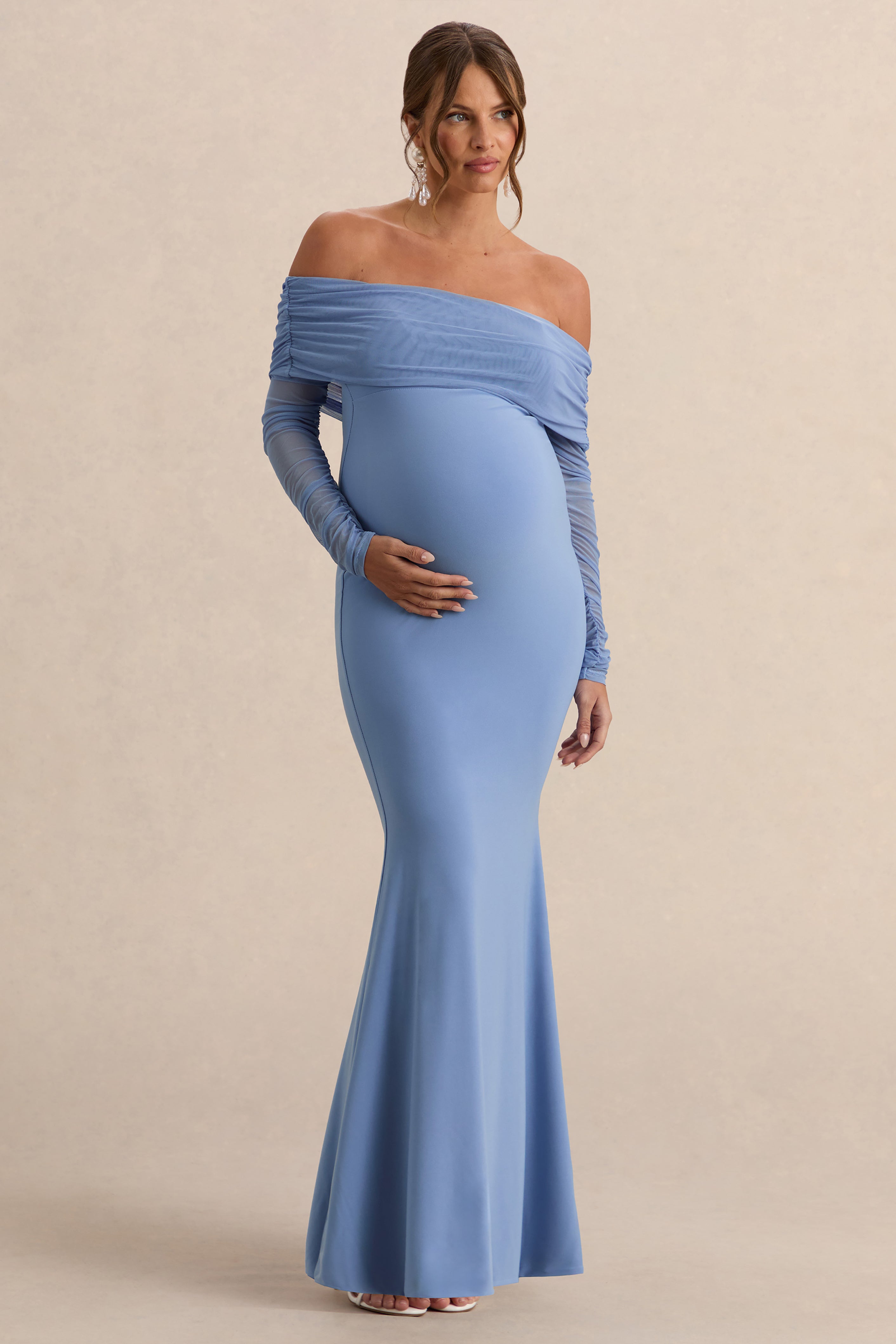 maxi maternity dress Pretty Perfect | Powder Blue Ruched Mesh Bardot – Club L London Full Long Sleeves Gold Color/Finish:32