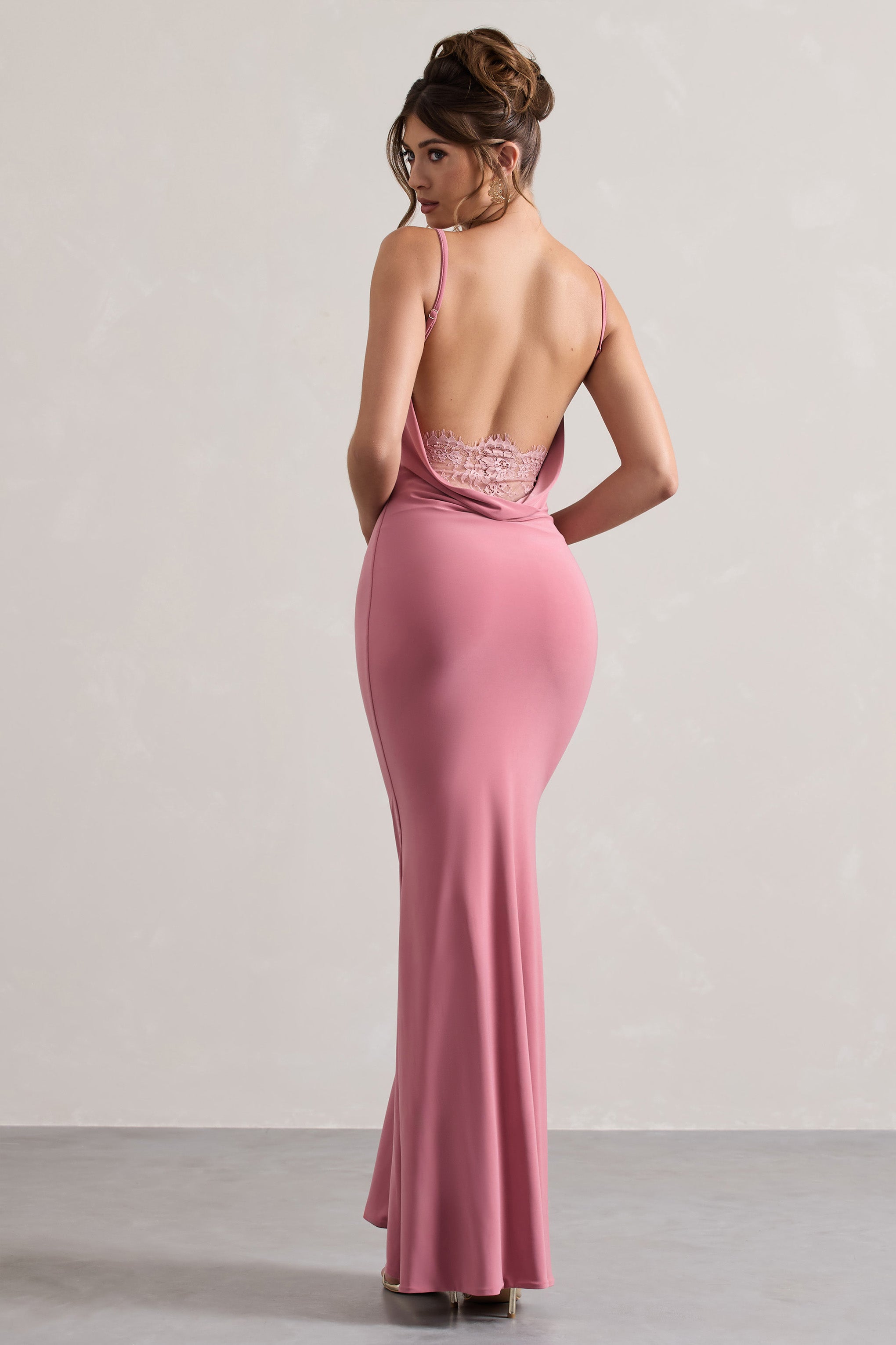 Francoise | Blush Cowl Neck Backless Maxi Dress With Lace Insert – Club L London