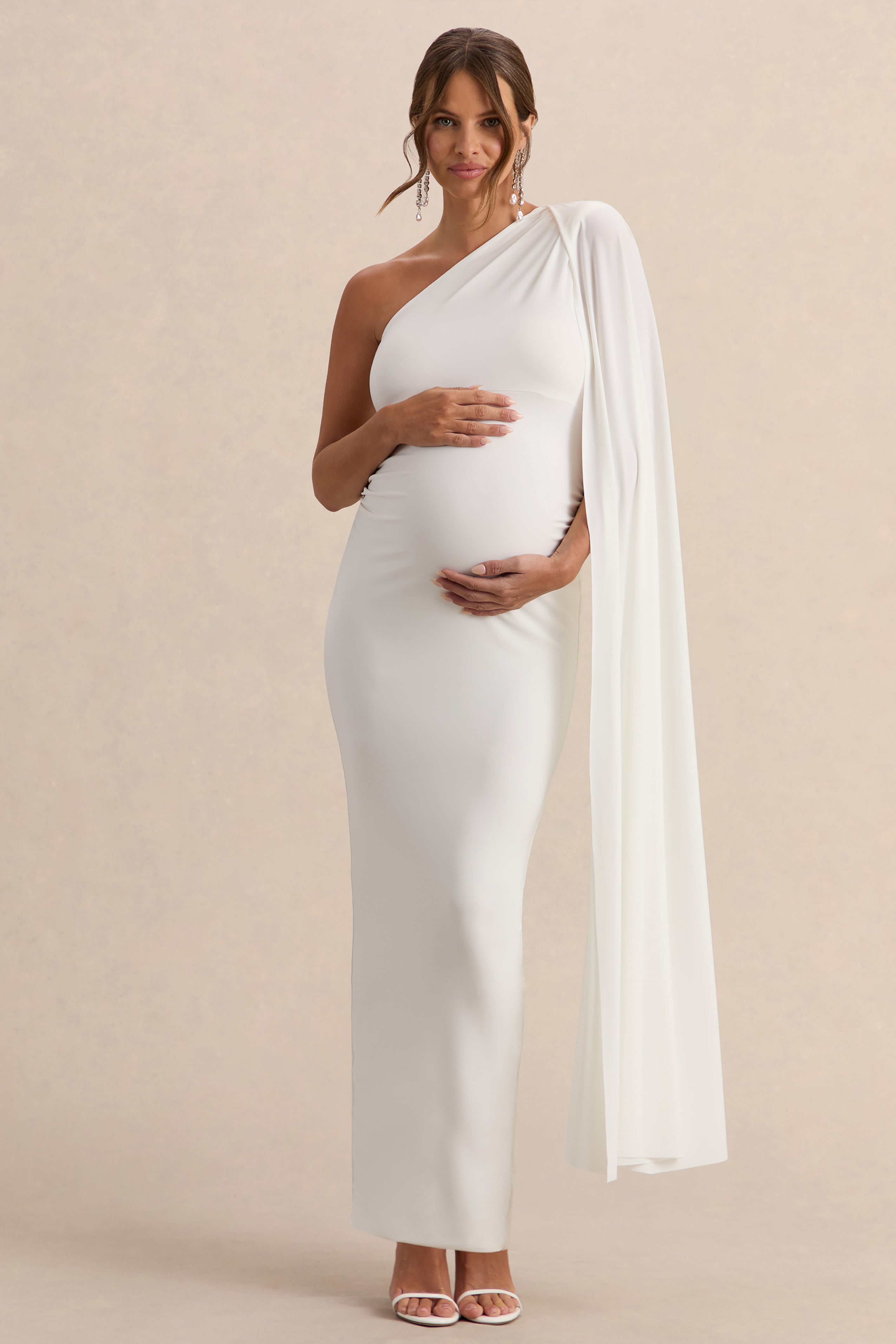 Amaryllis | White Maternity One Shoulder Maxi Dress with Cape Sleeve – Club L London