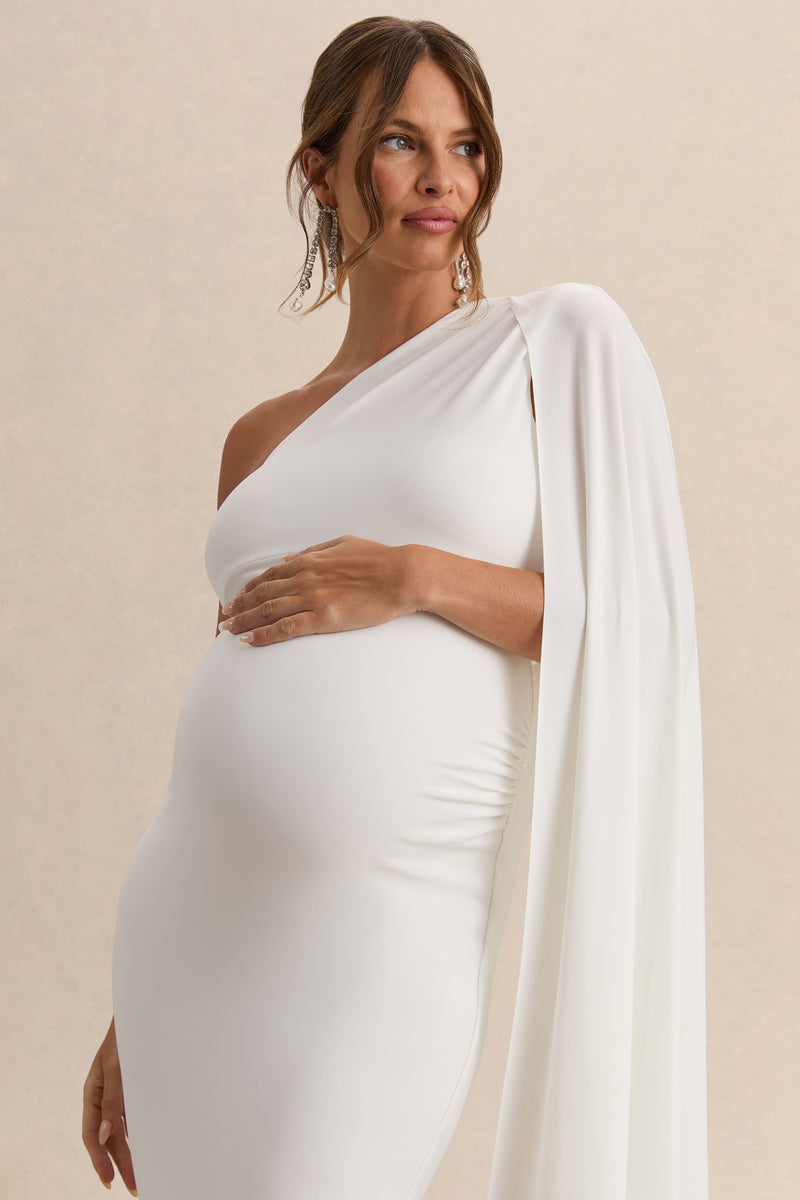 Amaryllis White Maternity One Shoulder Maxi Dress with Cape Sleeve – Club L  London