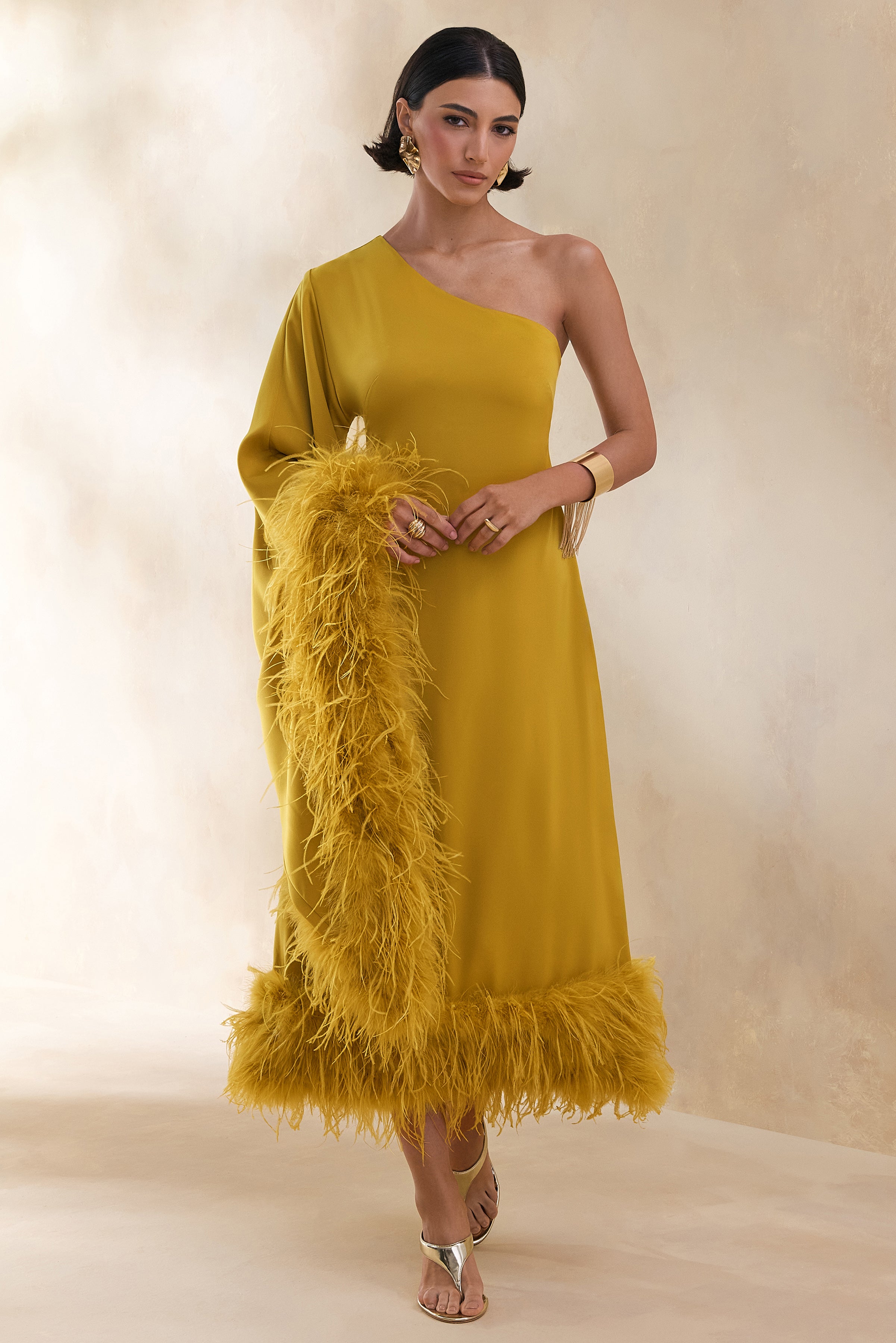 midi dress with feathers Destiny | Yellow Satin Asymmetric-Neck Feather Details – Club L London Invisible zip closure 5 Stylish Business Casual Choose an Assorted Size Range, Or Buy 1 Size::Plus Size: J24 ($11.25) professional clothes