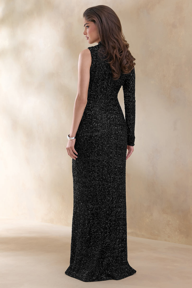 Mery Black Sequin High-Neck Wrap Maxi Dress With One-Long Sleeve Club L London - SA Mery Black Sequin High-Neck Wrap Maxi Dress With One-Long Sleeve Club L London - SA