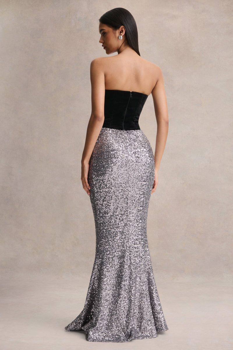 Aeris Black Velvet And Silver Sequin Plunge-Neck Maxi Dress Club L London - SA Aeris Black Velvet And Silver Sequin Plunge-Neck Maxi Dress Club L London - SA