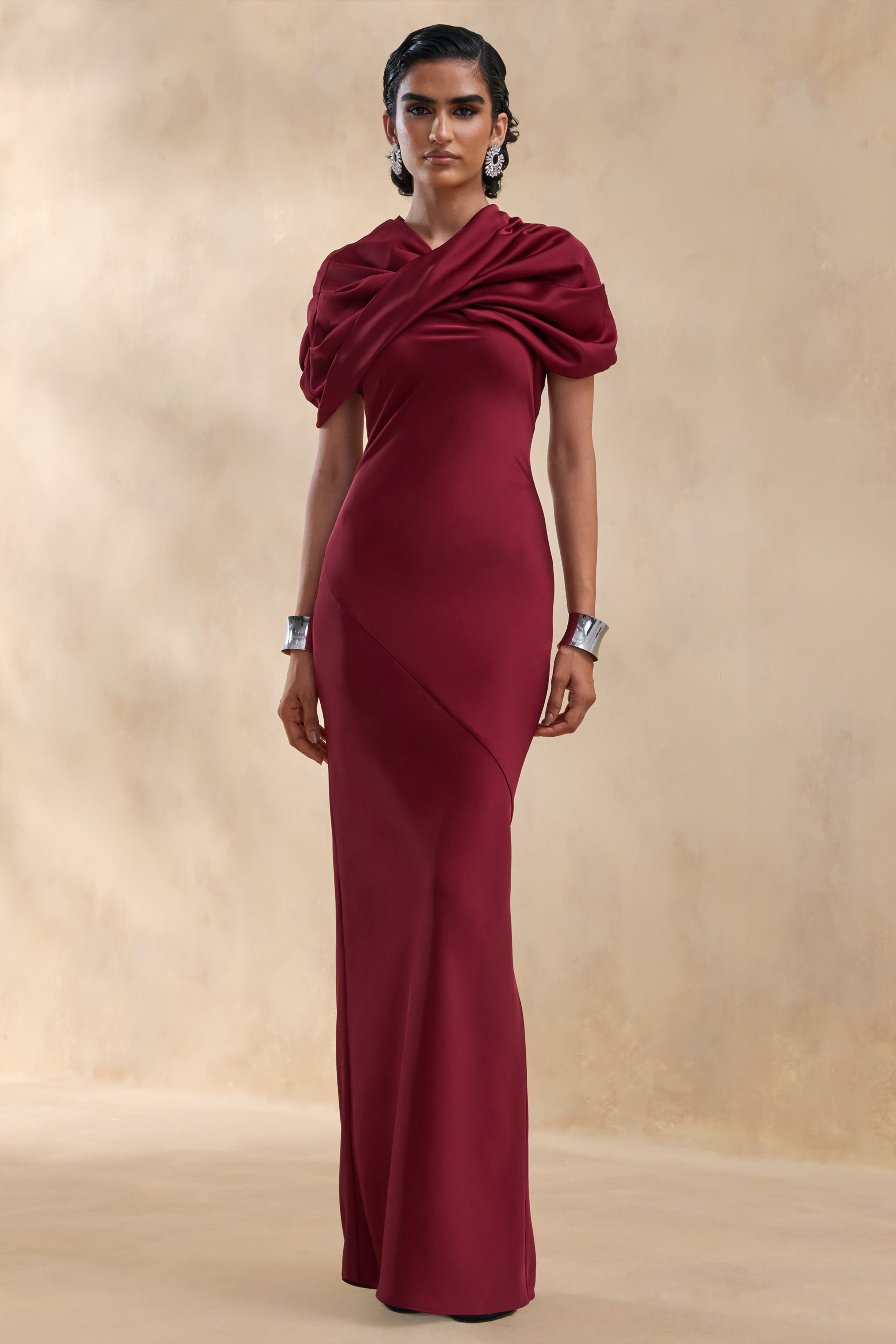 long burgundy satin dress Yoli | Maxi With Twist-Cape – Club L London Chocolate Brown Rhinestone Maxi Bridesmaid Dresses with Cowboy Boots Color:01