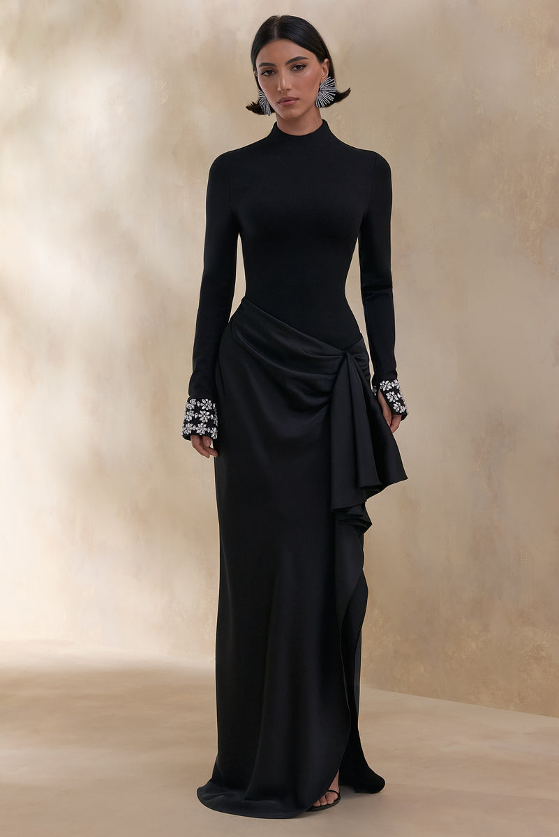 Starred Black High-Neck Maxi Dress With Satin Wrap-Skirt And Embelli  Club  L London - SA