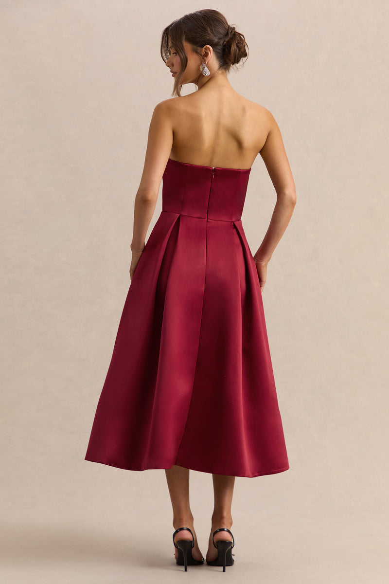 Promises Red Satin Bandeau-Neck Midi Dress – Club L London