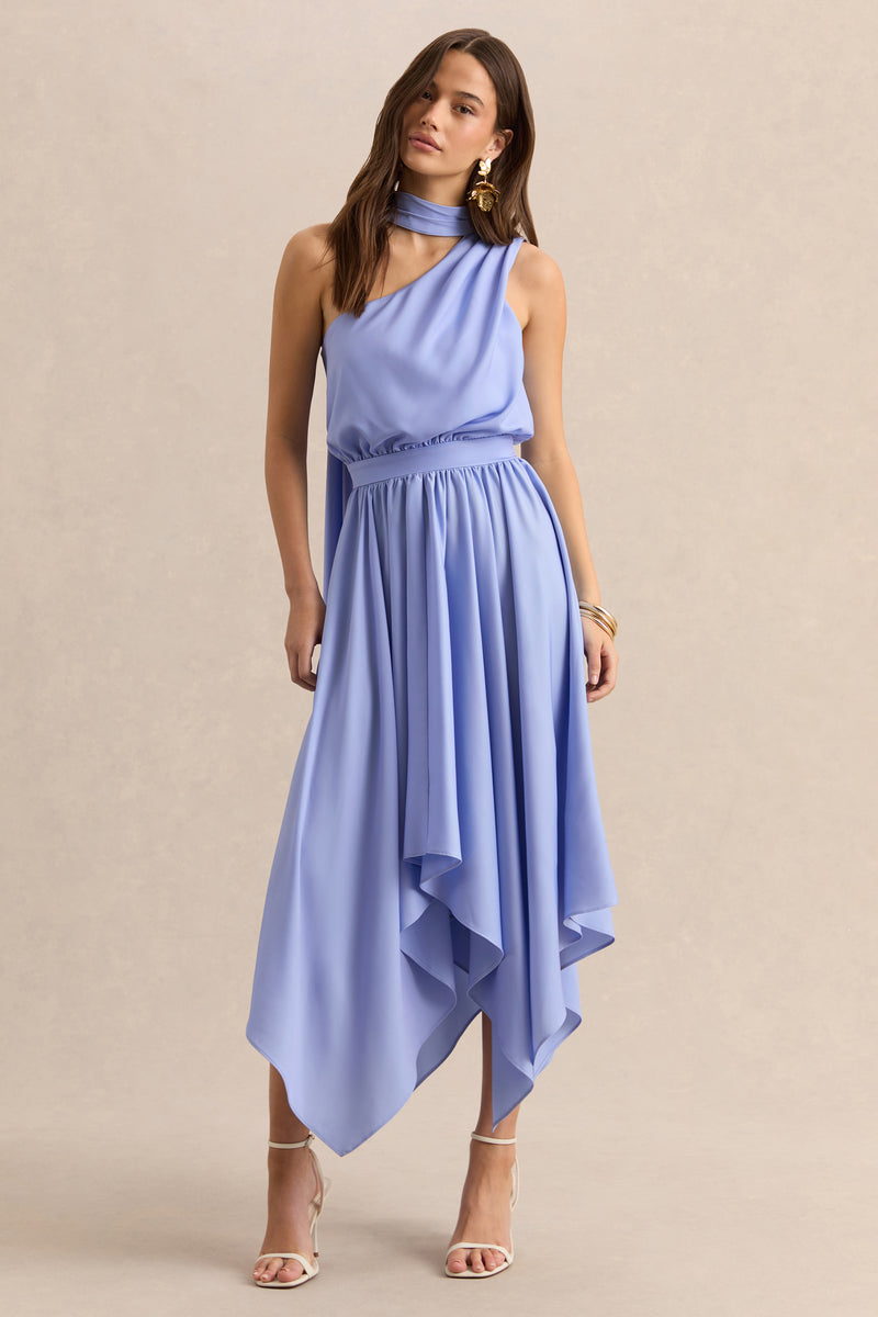 Caluna Powder Blue Satin Asymmetric-Neck Midi Dress With Scarf-Detai Club L London - SA Caluna Powder Blue Satin Asymmetric-Neck Midi Dress With Scarf-Detai Club L London - SA