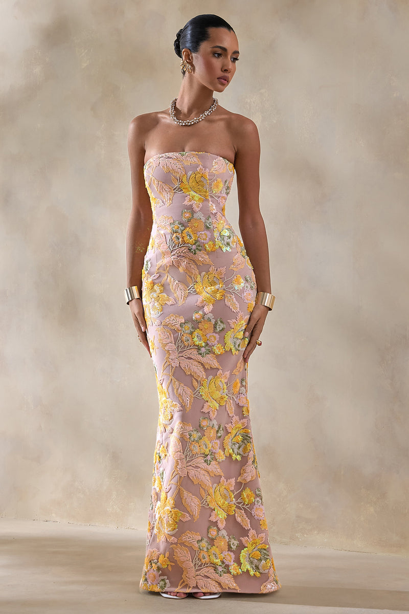 Severn Yellow Embellished Floral Bandeau Maxi Dress – Club L London