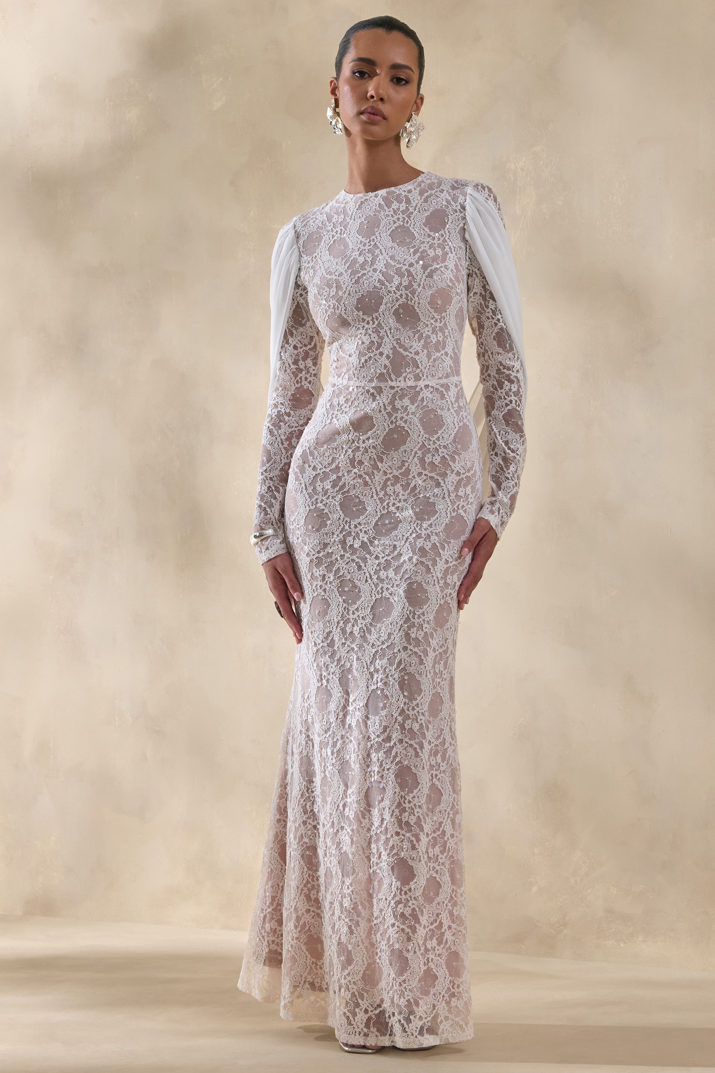 Nabina | White Lace Boat-Neck Maxi Dress With Draped Back-Detail