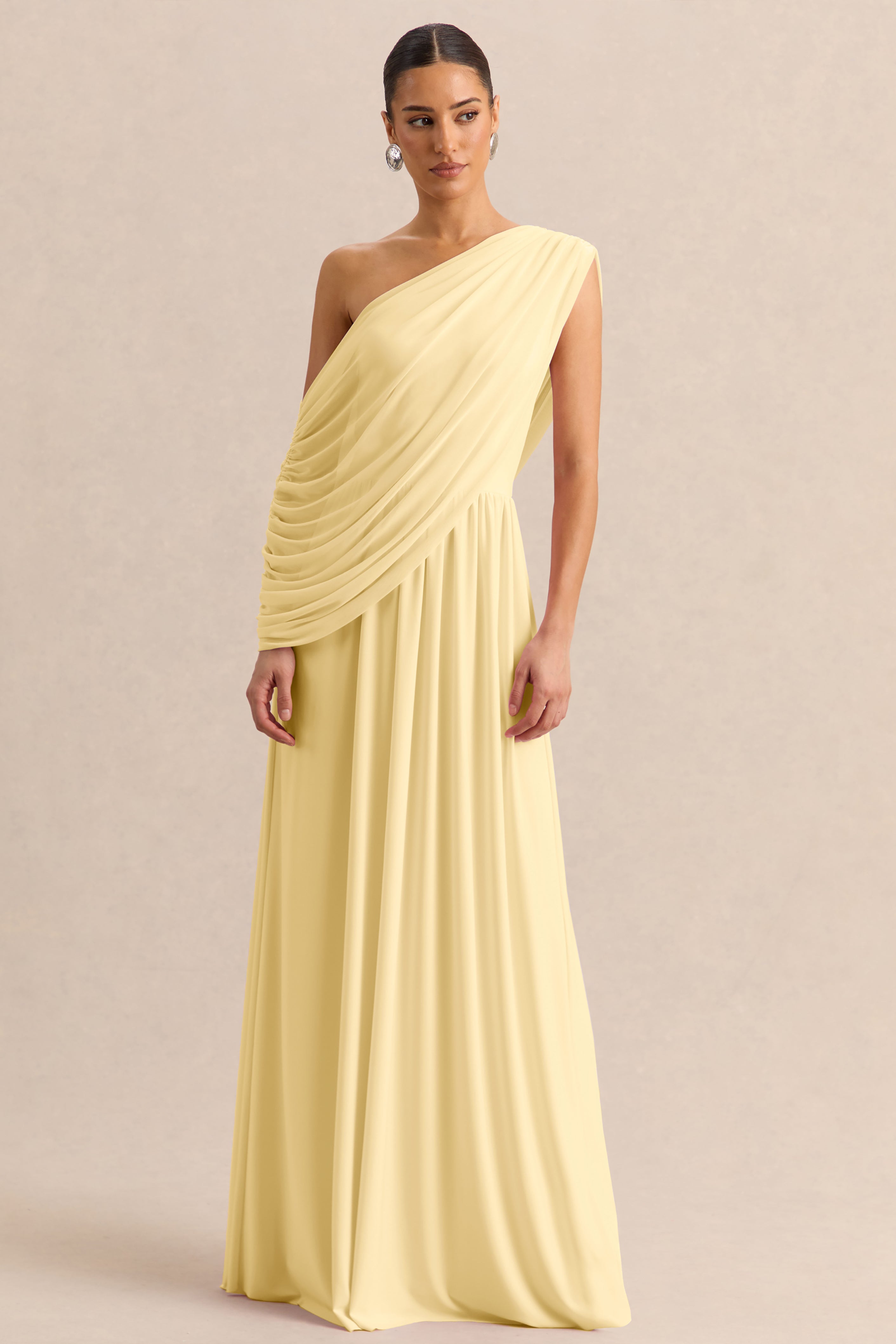 mustard asymmetric drape detail maxi dress Sabianna | Lemon Asymmetric-Neck With Draped Detailing – Club L London making it perfect for semi-formal Aobny Blmnix Birthday Dresses Size:6T