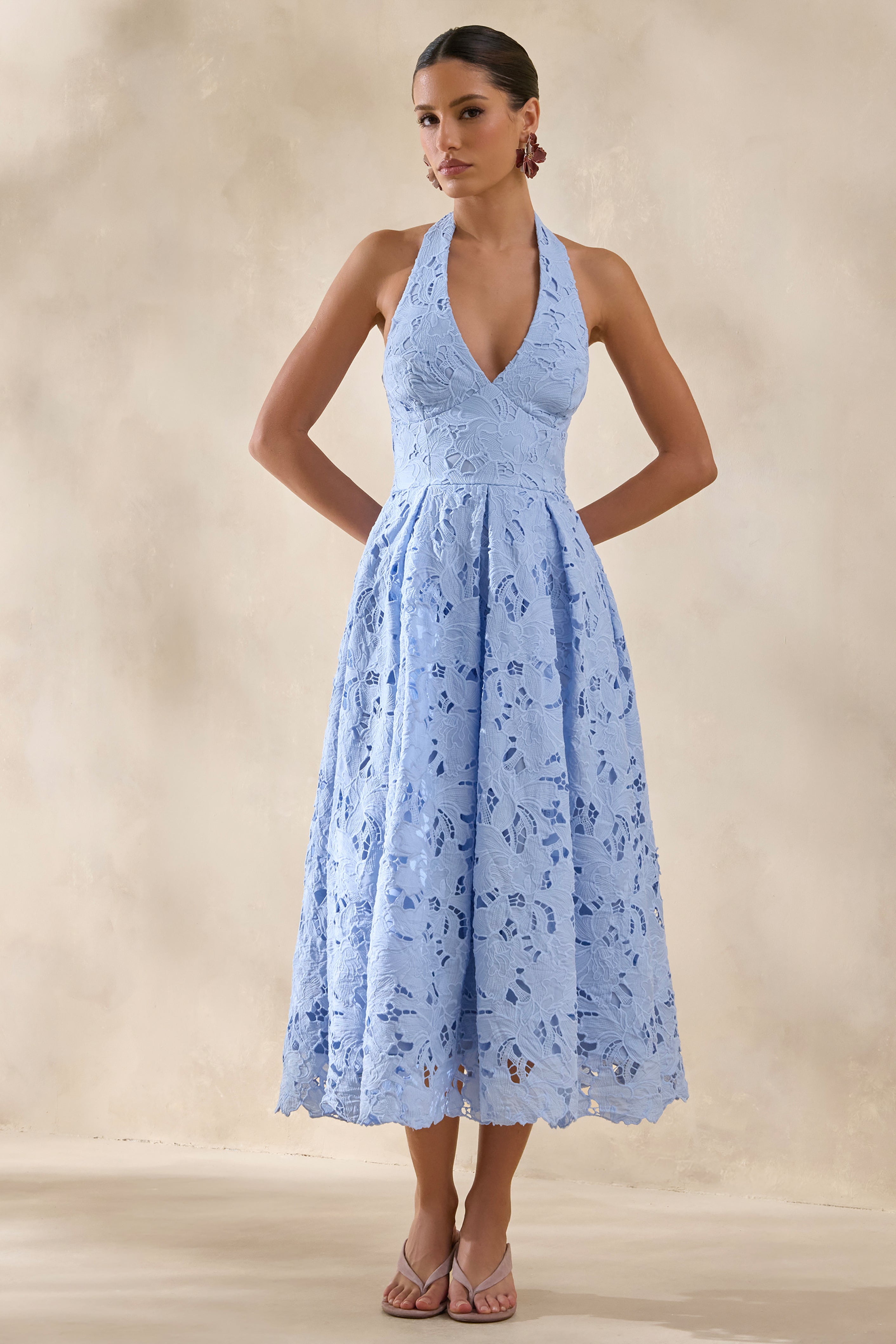Maribel | Powder Blue Lace Plunge-Neck Midi Dress – Club L London