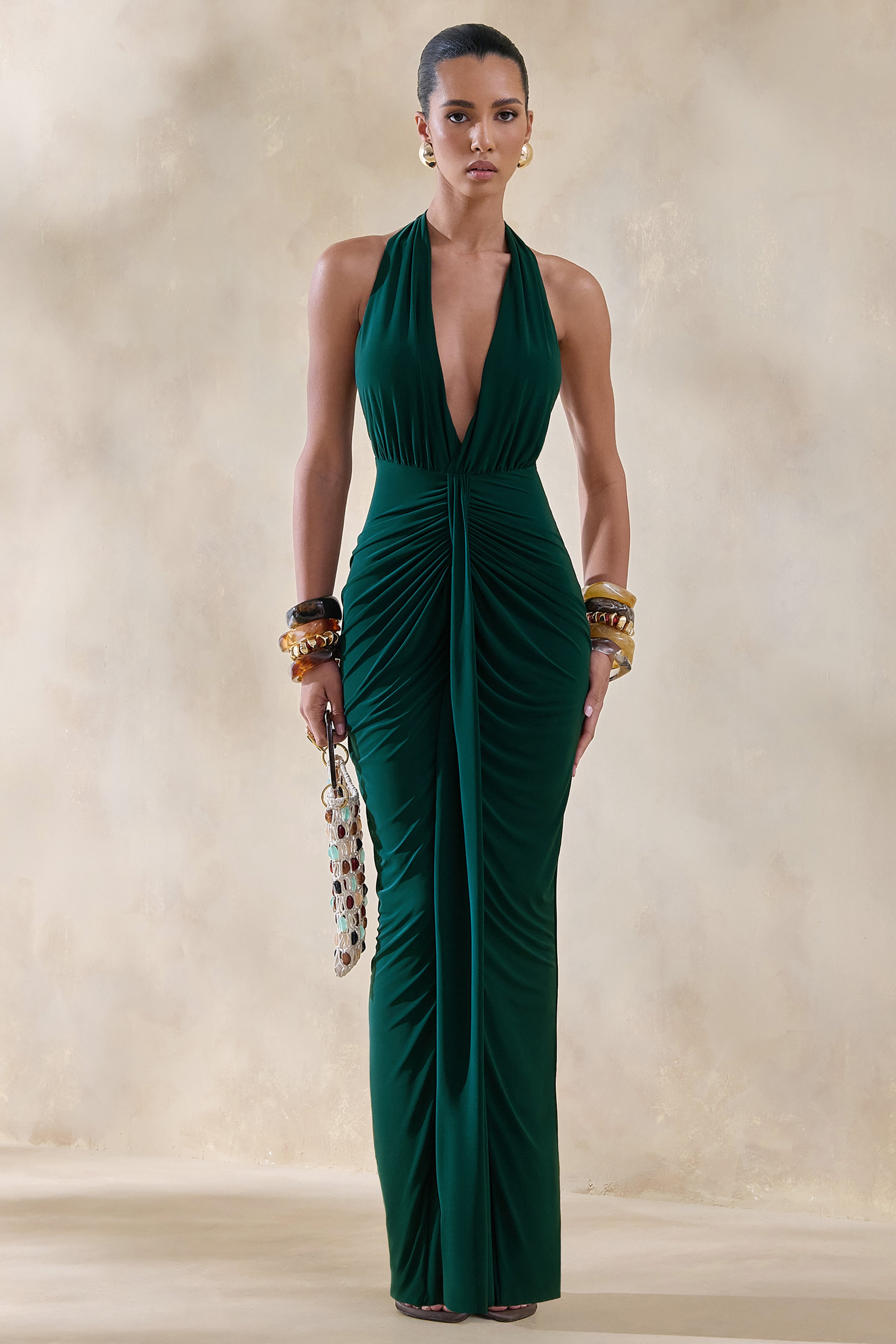Lesley | Bottle Green Plunge-Neck Maxi Dress – Club L London - SA