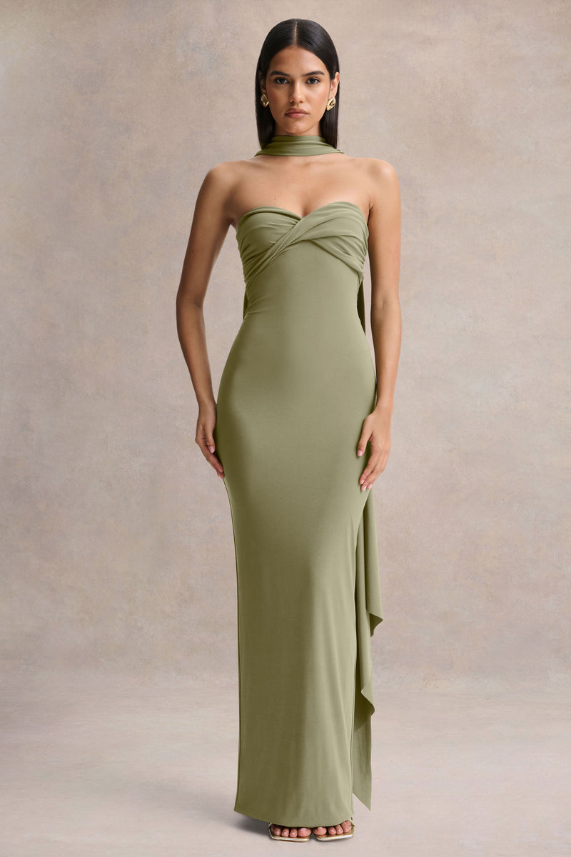 Sheila Olive Bandeau Maxi Dress With Scarf Detail  Club L London - SA