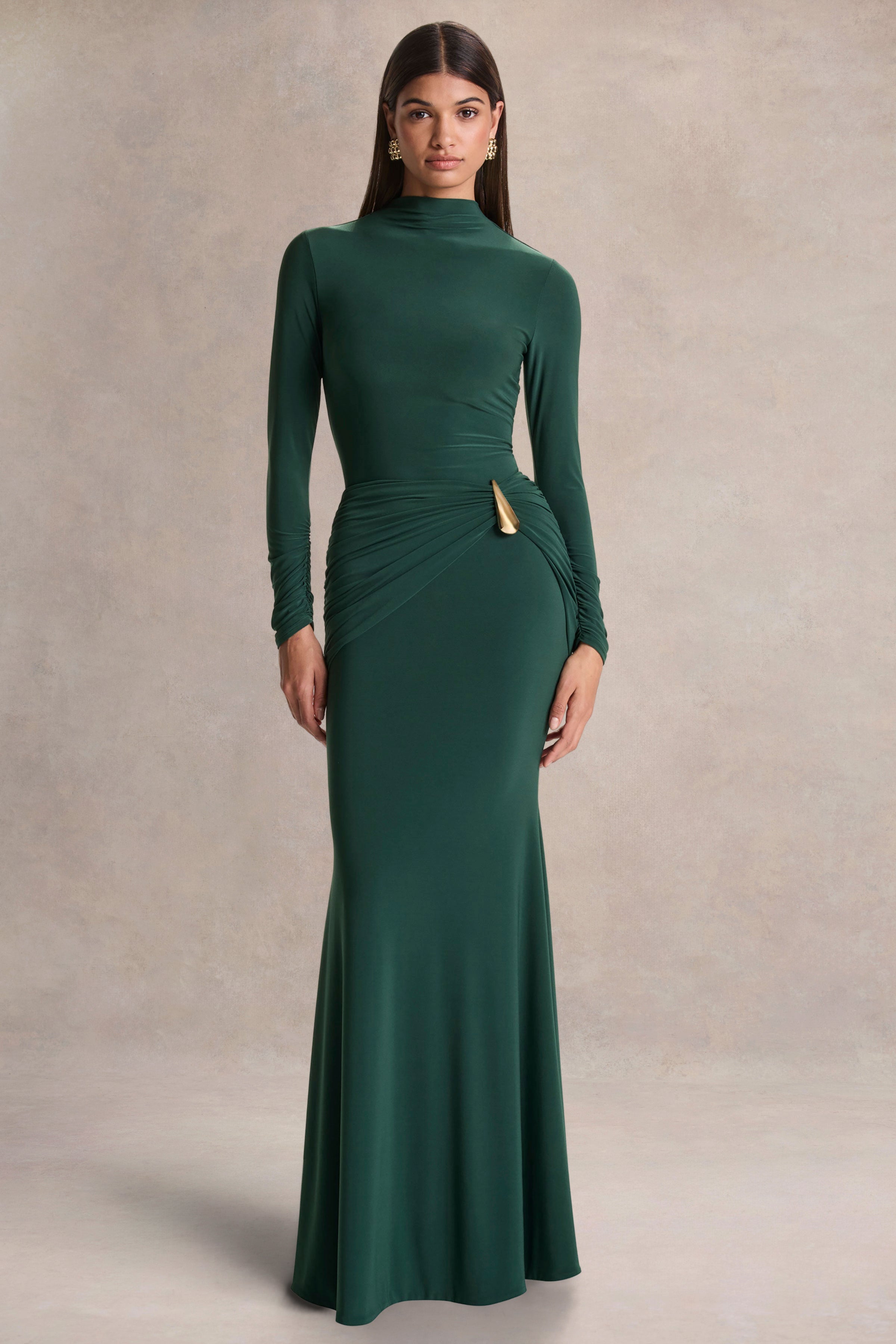 long sleeve dark green maxi dress Solarium | Long-Sleeve With Gold Detail – Club L London metallic silver dresses Dark Green Mermaid Long Color:Lemon Drop/Multi