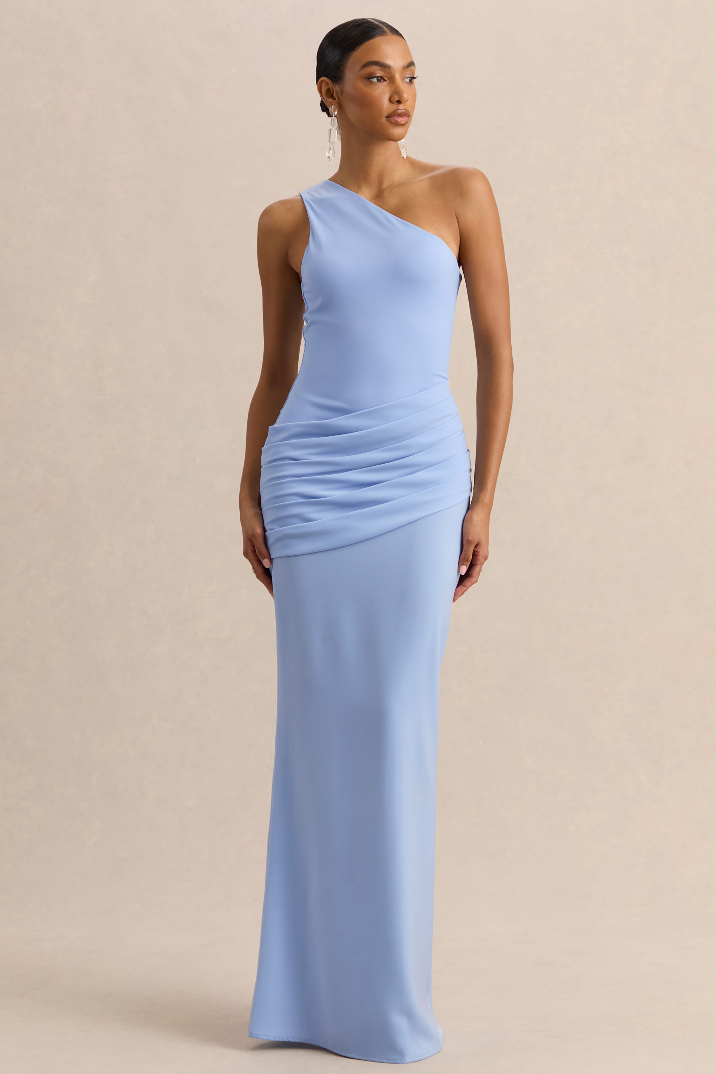 Arovia | Powder Blue Satin Asymmetric-Neck Maxi Dress With Draped-Deta – Club L London