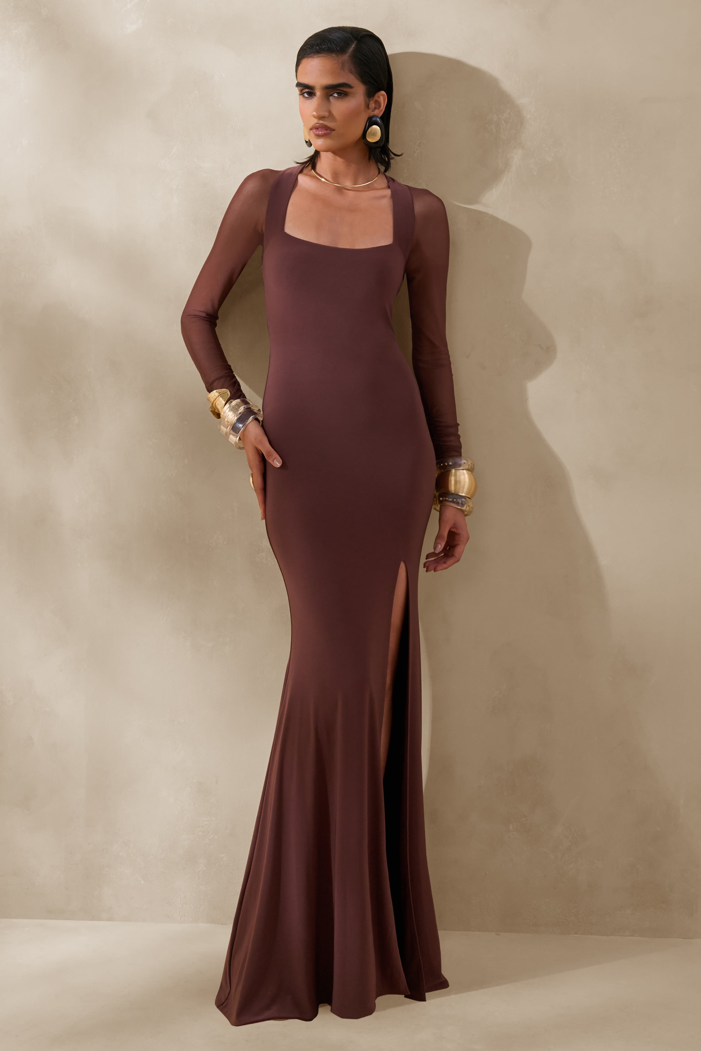 brown dress mesh Renalia | Square-Neck Maxi With Long-Sleeves – Club L London stopping look that’s sure Prom 2025: Your Dream Color:Eden Green Gingham 25 south boutiqies