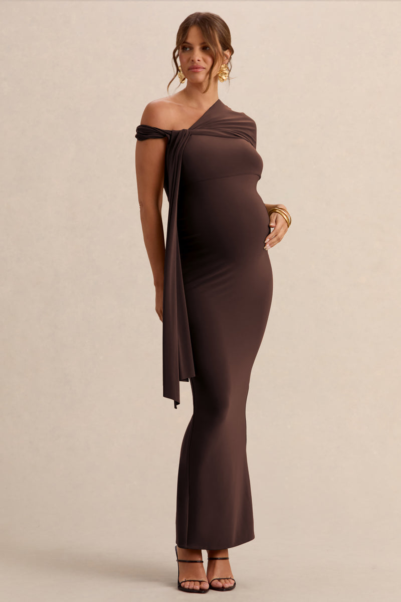 dark brown maternity dress Marjorie | DARK Brown Asymmetric-Neck Maternity Maxi Dress