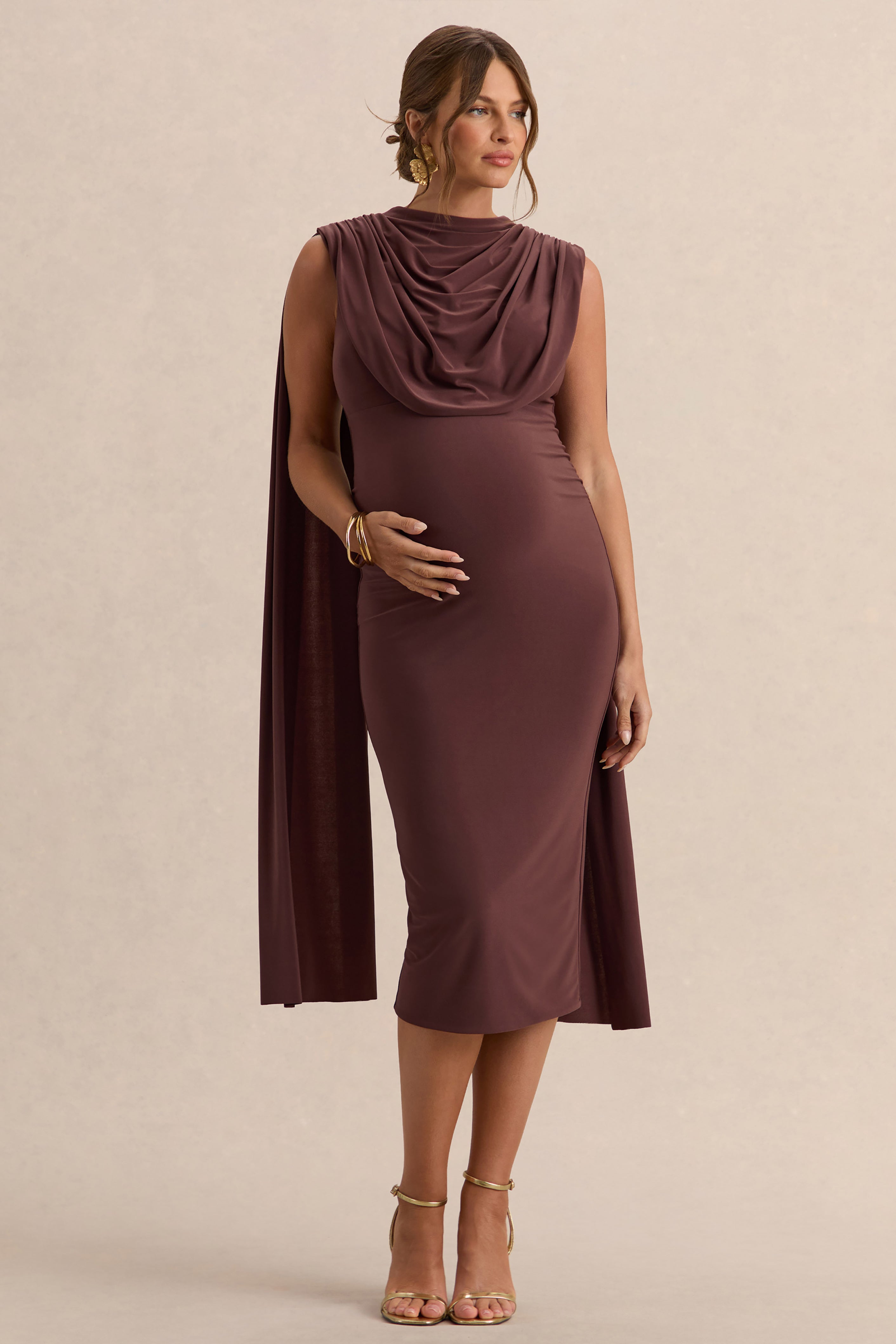 dark brown maternity dress Milaine | Round-Neck Midi With Cape Sleeves – Club L London formal dinner dresses Mesh cape Amazon.com: Strawberry 1st Birthday Color:LUREX CLIP DOT BLACK/GOLD