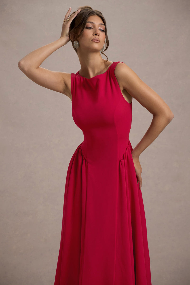 Muriel Red Boat-Neck Volume-Hem Midi Dress Club L London - SA Muriel Red Boat-Neck Volume-Hem Midi Dress Club L London - SA