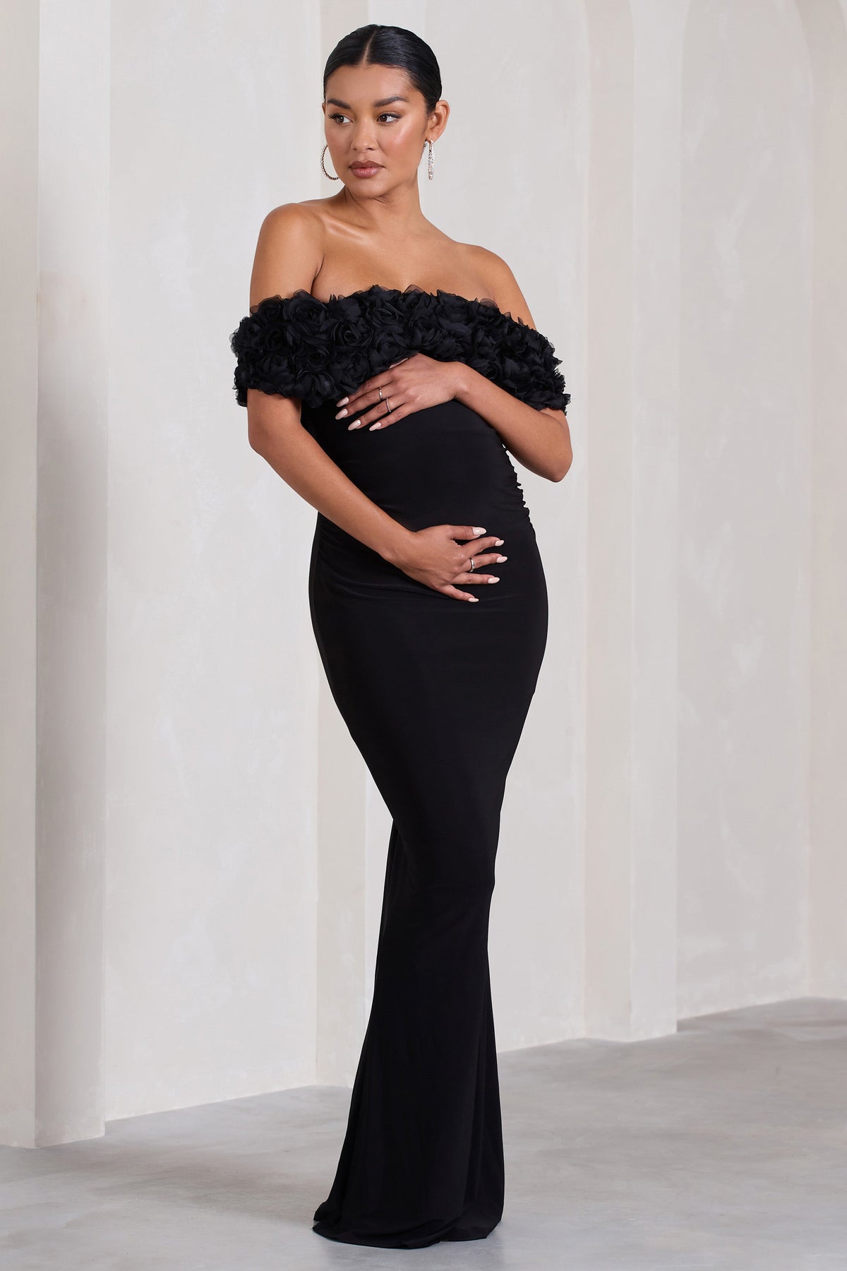 Inflorescence | Black Mesh Floral Bardot Maternity Maxi Dress