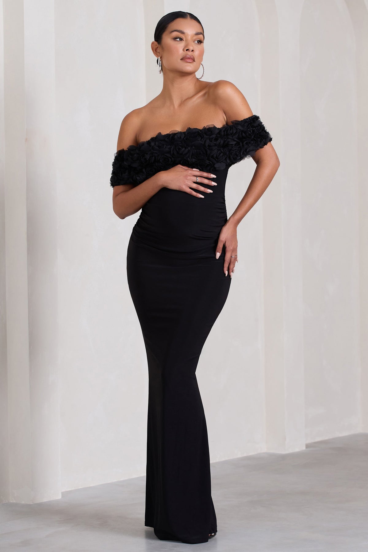 Inflorescence | Black Mesh Floral Bardot Maternity Maxi Dress