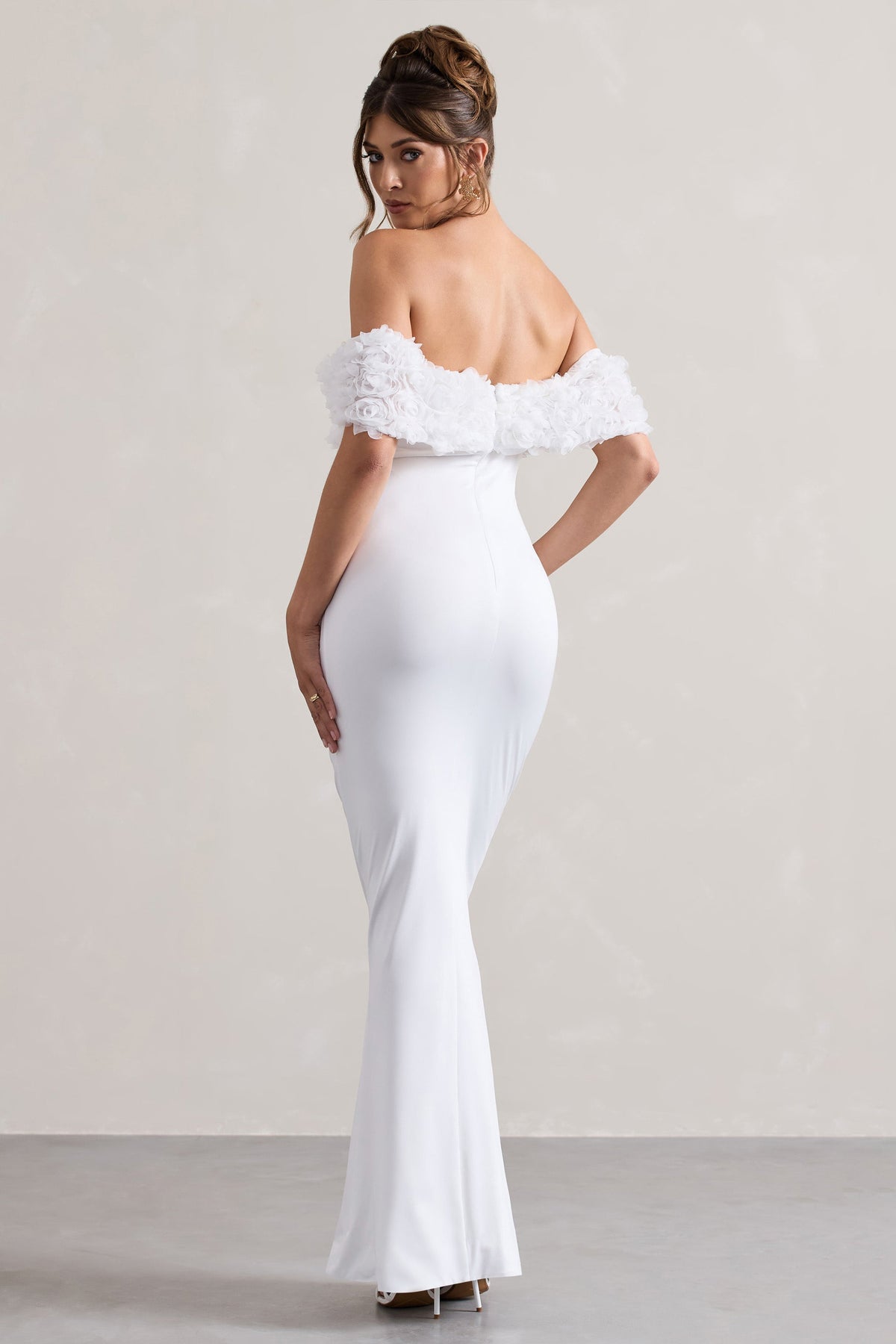 Inflorescence | White Mesh Floral Bardot Maternity Maxi Dress