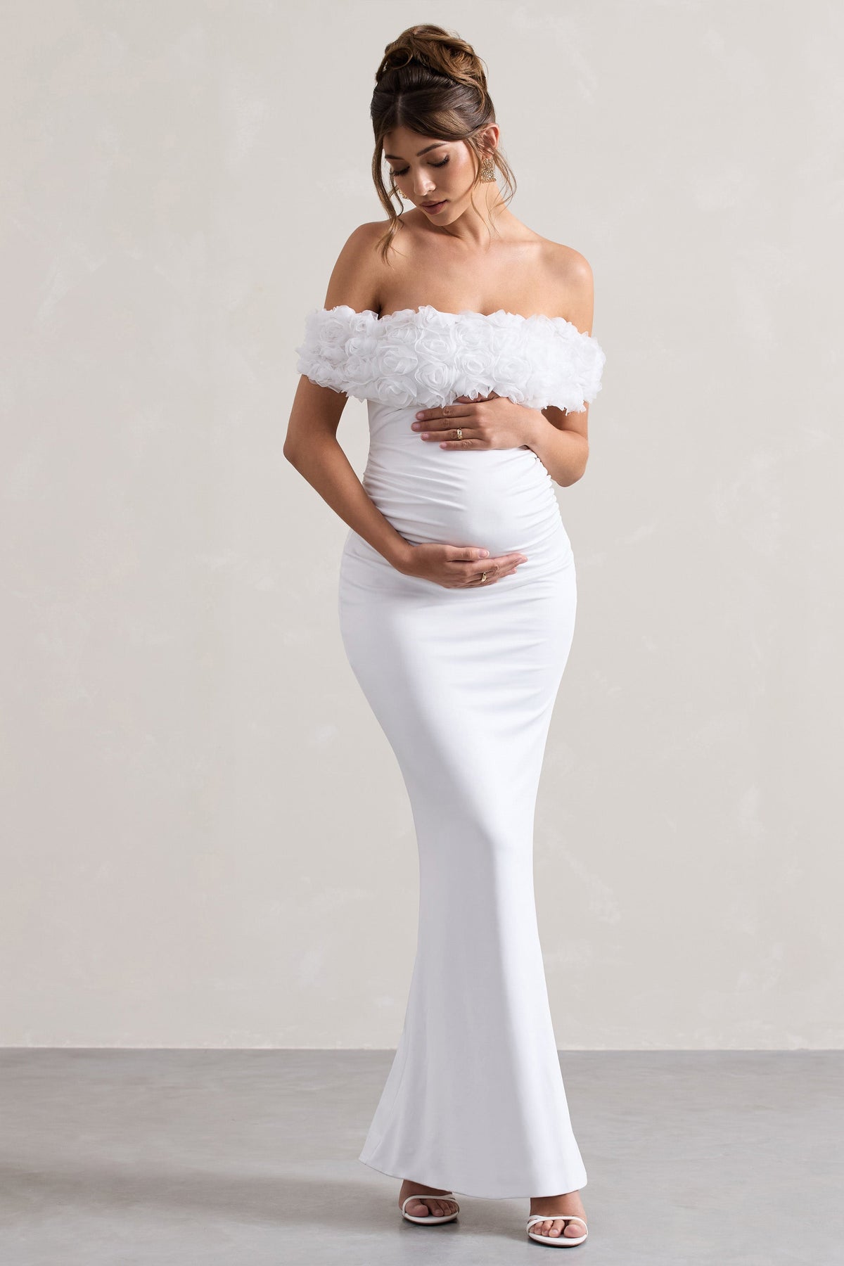 Inflorescence | White Mesh Floral Bardot Maternity Maxi Dress