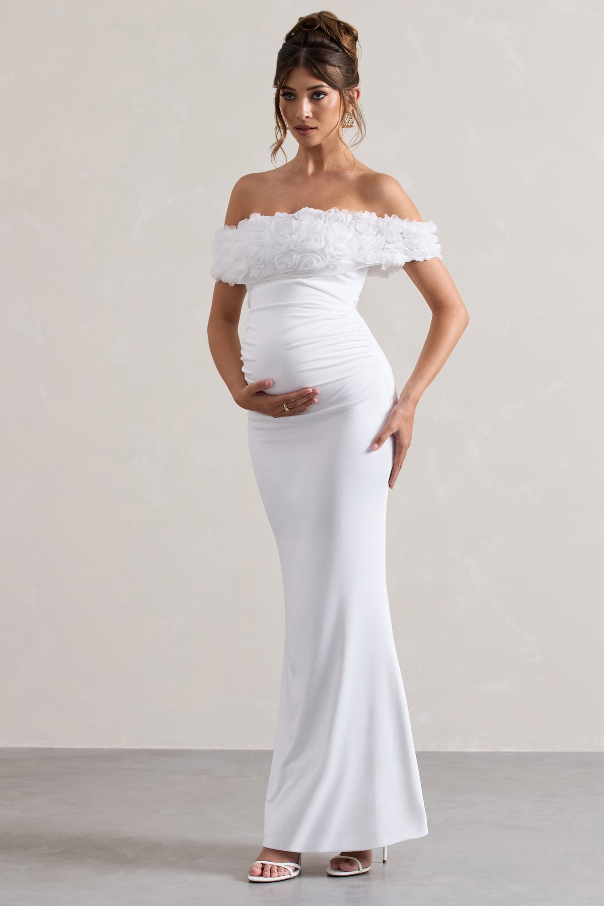Inflorescence | White Mesh Floral Bardot Maternity Maxi Dress