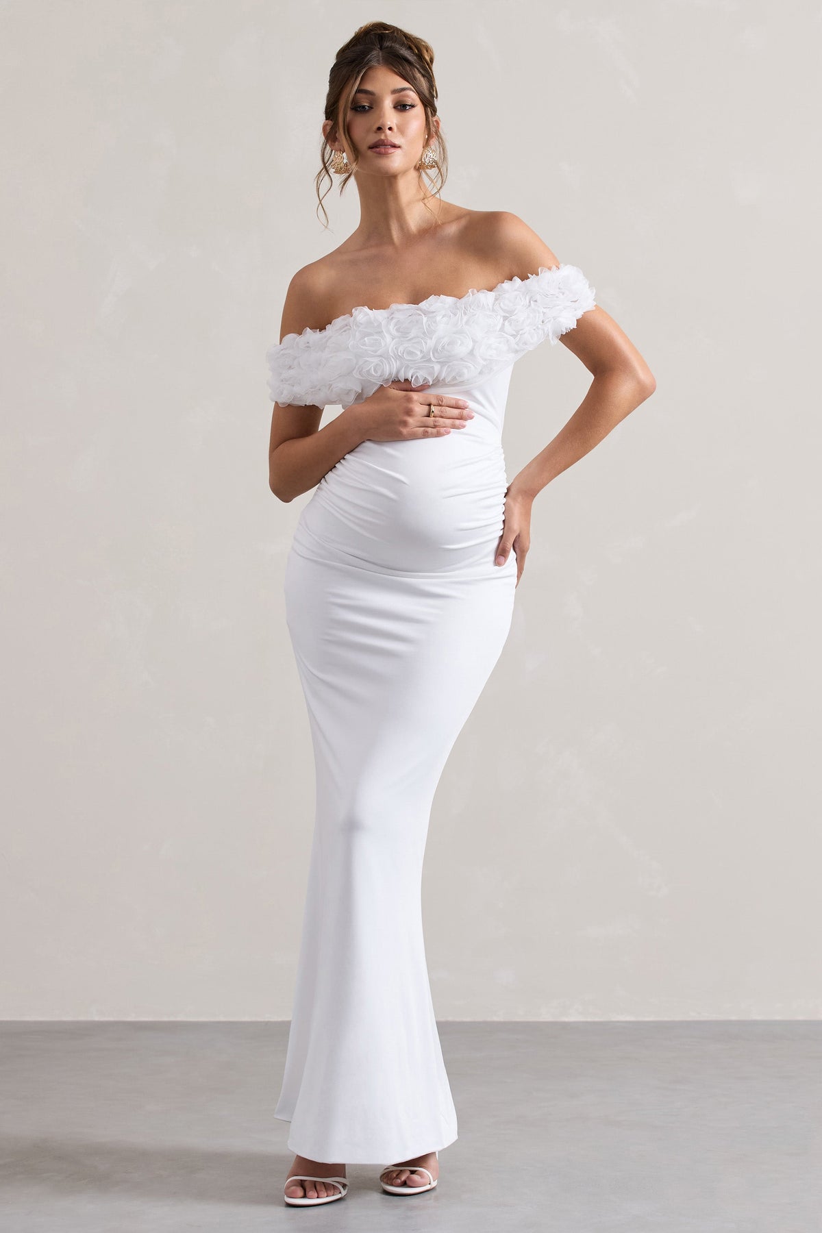 Inflorescence | White Mesh Floral Bardot Maternity Maxi Dress