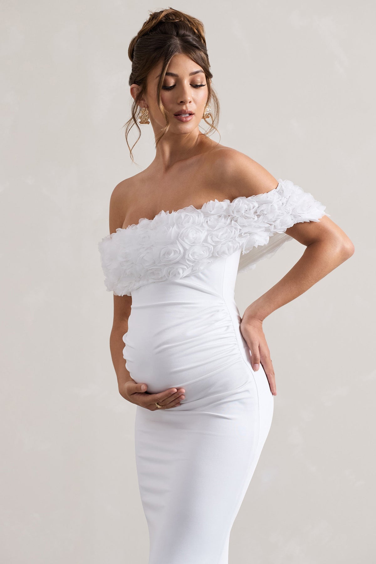 Inflorescence | White Mesh Floral Bardot Maternity Maxi Dress