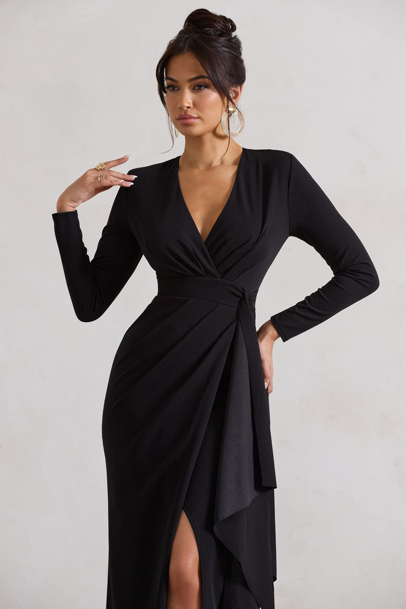 Odetta Black Plunge-Neck Wrap Maxi Dress With Tie Waist – Club L