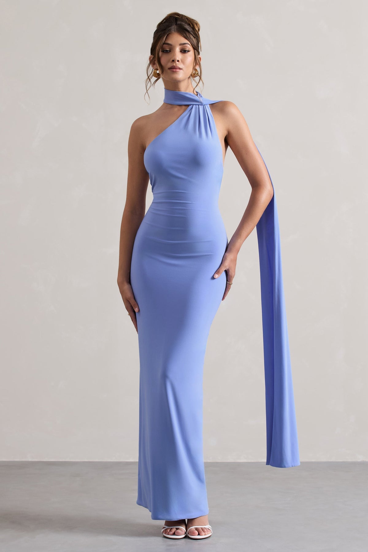 Miss | Pale Blue Asymmetric Backless Maxi Dress With Scarf