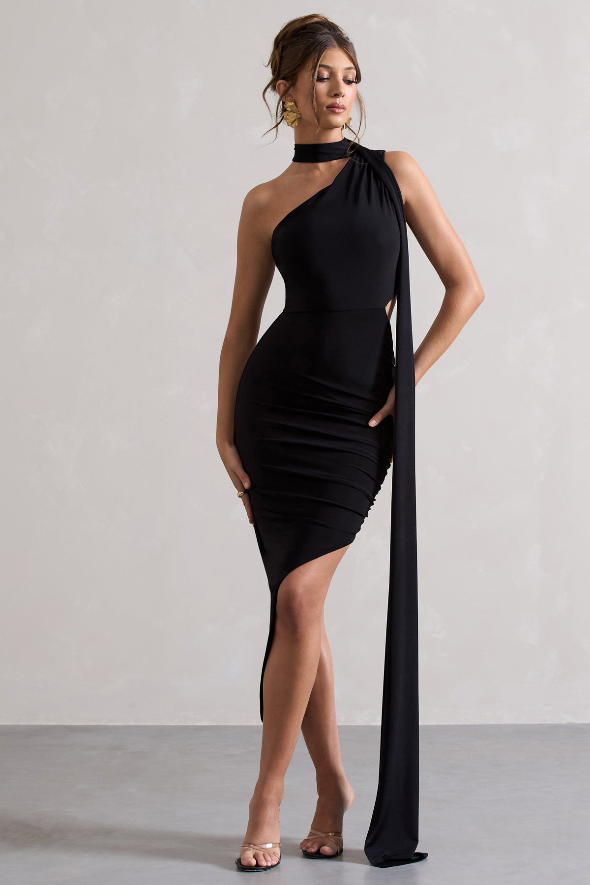 Icon | Black Asymmetric Cut-Out Maxi Dress With Scarf