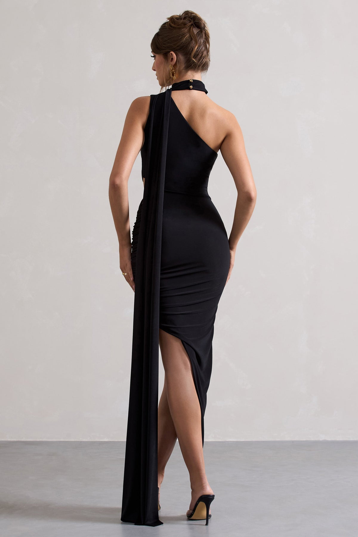 Icon | Black Asymmetric Cut-Out Maxi Dress With Scarf