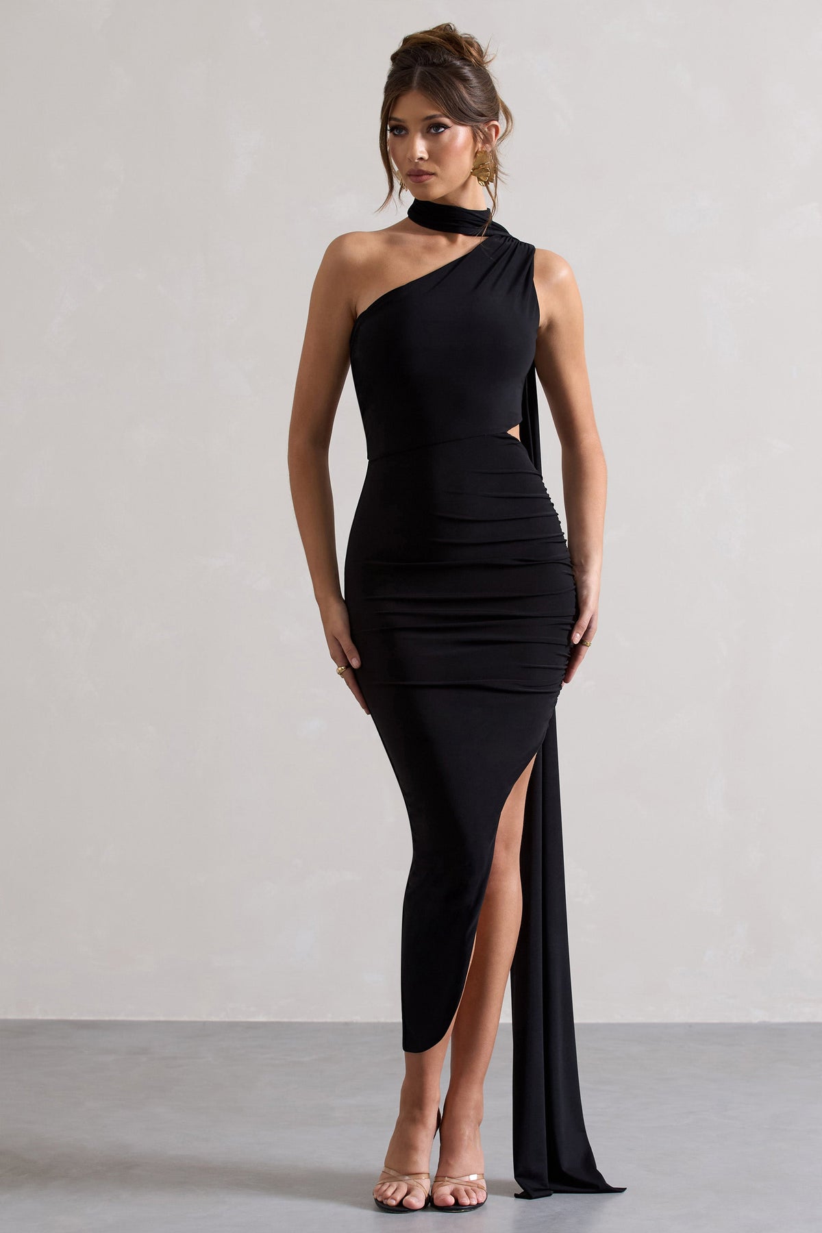 Icon | Black Asymmetric Cut-Out Maxi Dress With Scarf