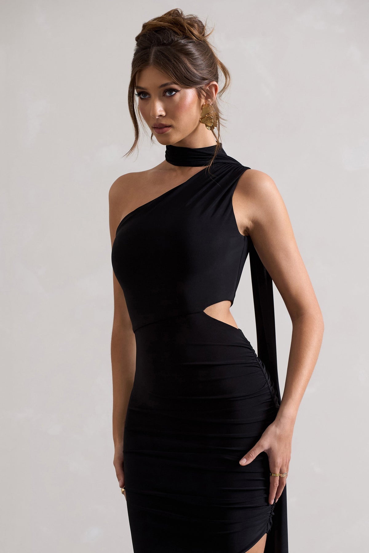 Icon | Black Asymmetric Cut-Out Maxi Dress With Scarf