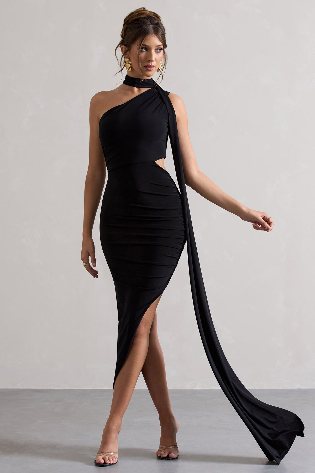 Icon | Black Asymmetric Cut-Out Maxi Dress With Scarf
