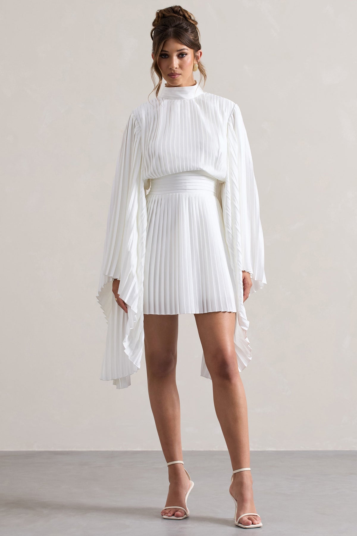 Charity | White Pleated High-Neck Skater Mini Dress With Cape Sleeves