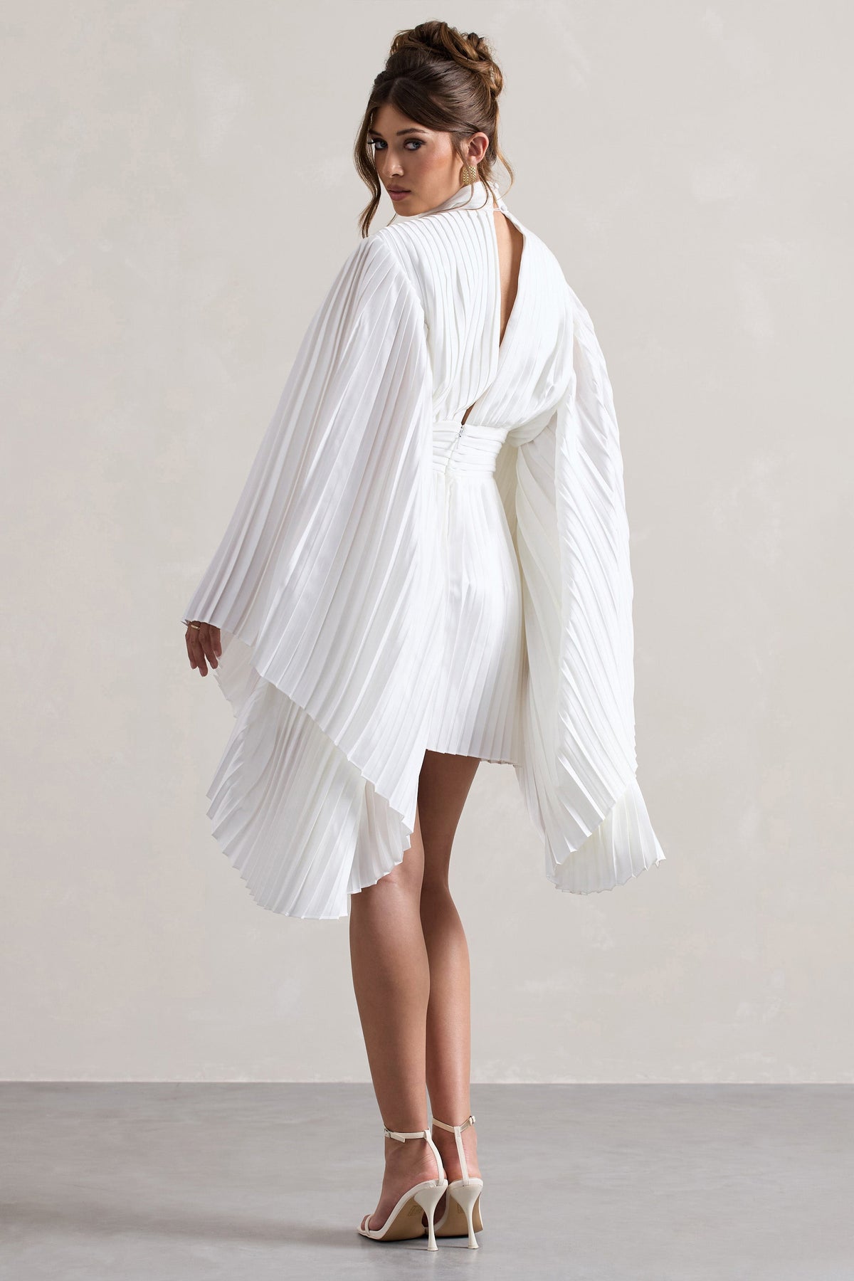 Charity | White Pleated High-Neck Skater Mini Dress With Cape Sleeves