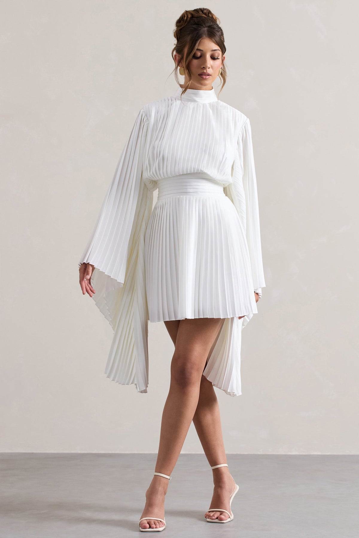Charity | White Pleated High-Neck Skater Mini Dress With Cape Sleeves