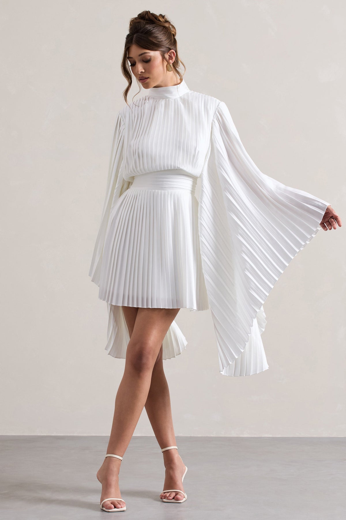 Charity | White Pleated High-Neck Skater Mini Dress With Cape Sleeves