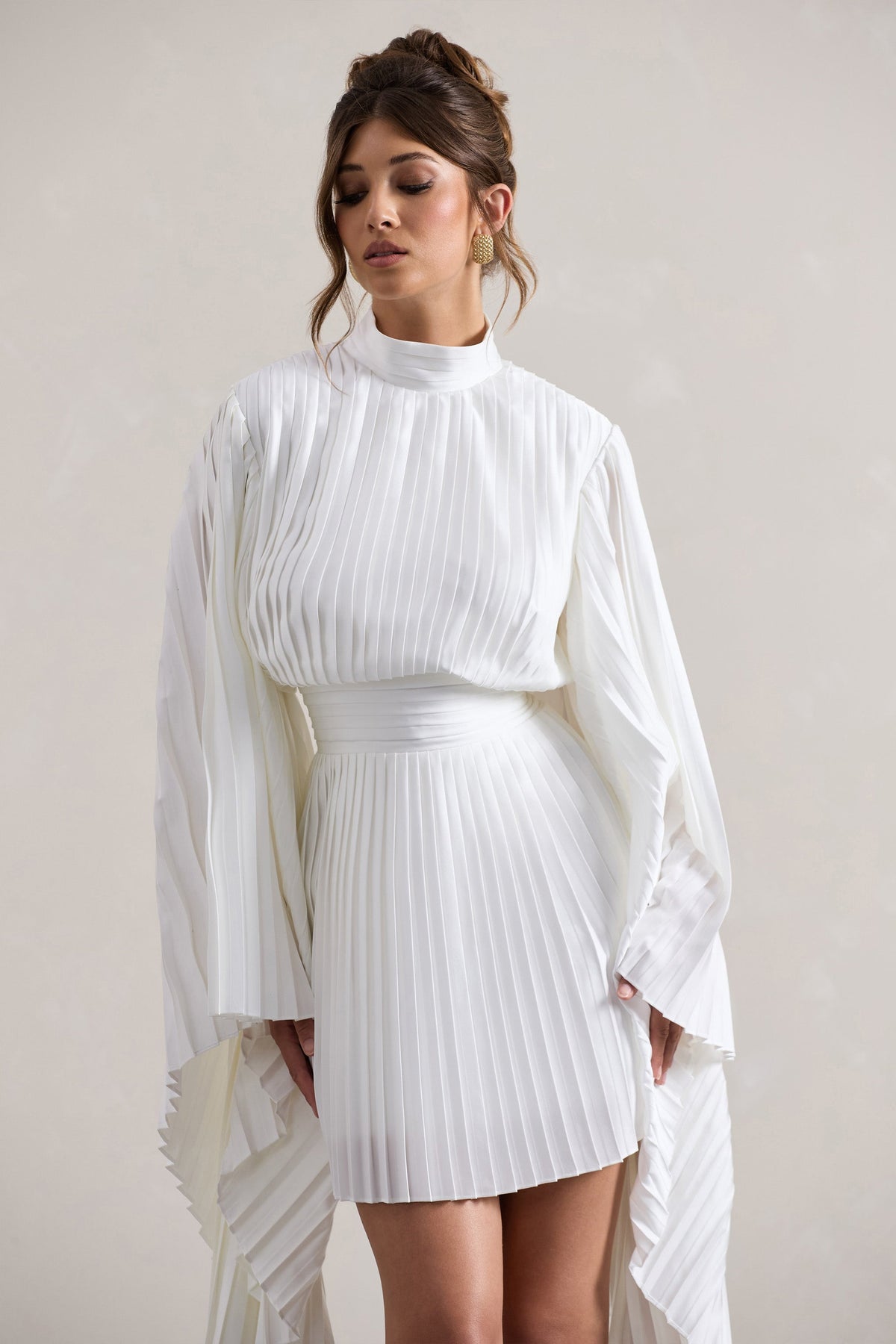 Charity | White Pleated High-Neck Skater Mini Dress With Cape Sleeves