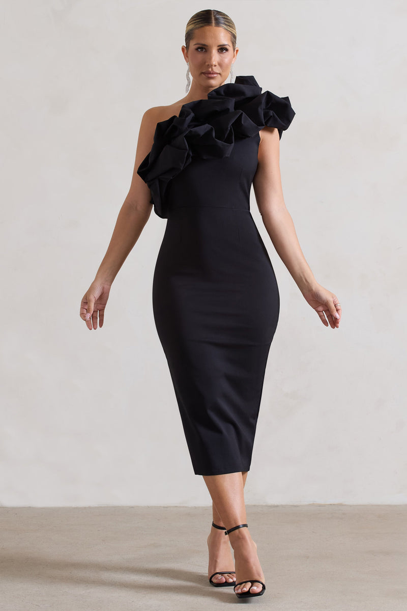 Orchestra Black Asymmetric Ruffled Midi Dress – Club L London