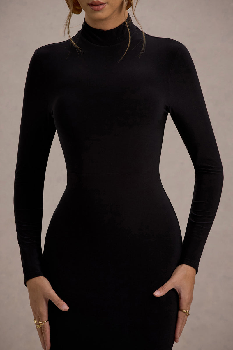 Tova Black High-Neck Long-Sleeve Maxi Dress – Club L London