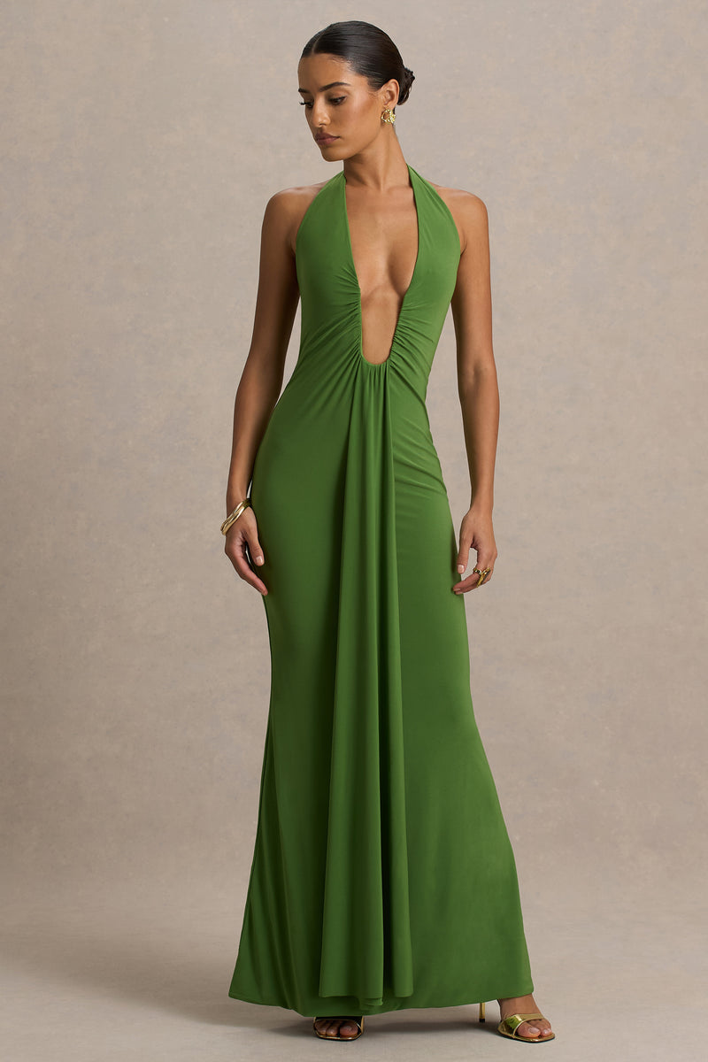 Hera Green Extreme Plunge Maxi Dress With Ruched Detail Club L London - SA Hera Green Extreme Plunge Maxi Dress With Ruched Detail Club L London - SA