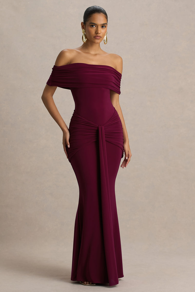 Envisioned Burgundy Bardot-Neck Maxi Dress With Gathered And