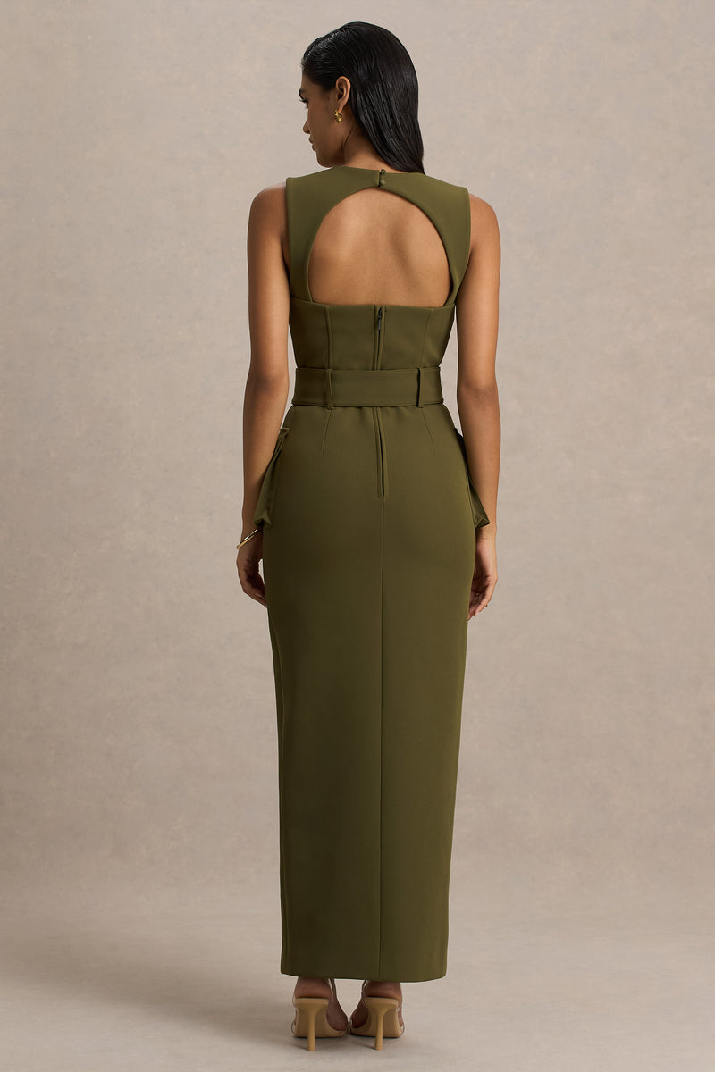Sandra Olive Square-Neck Tailored Maxi Dress With Front-High Split