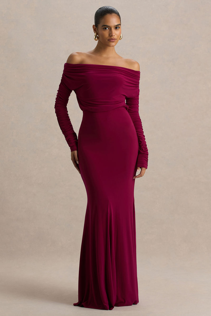 Cilla Burgundy Bardot-Neck Maxi Dress With Ruched Detailing – Club