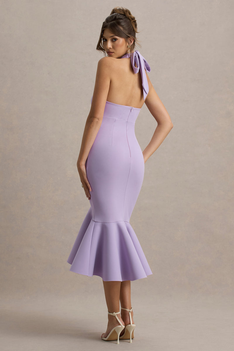 Valletta Lilac Halter-Neck Ruffle-Trim Midi Dress – Club L London