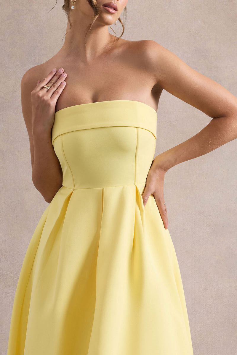 bandeau midi skater dress Lemon PrettyLittleThing Chiffon Cape Detail Bandeau Skater Midi Dress